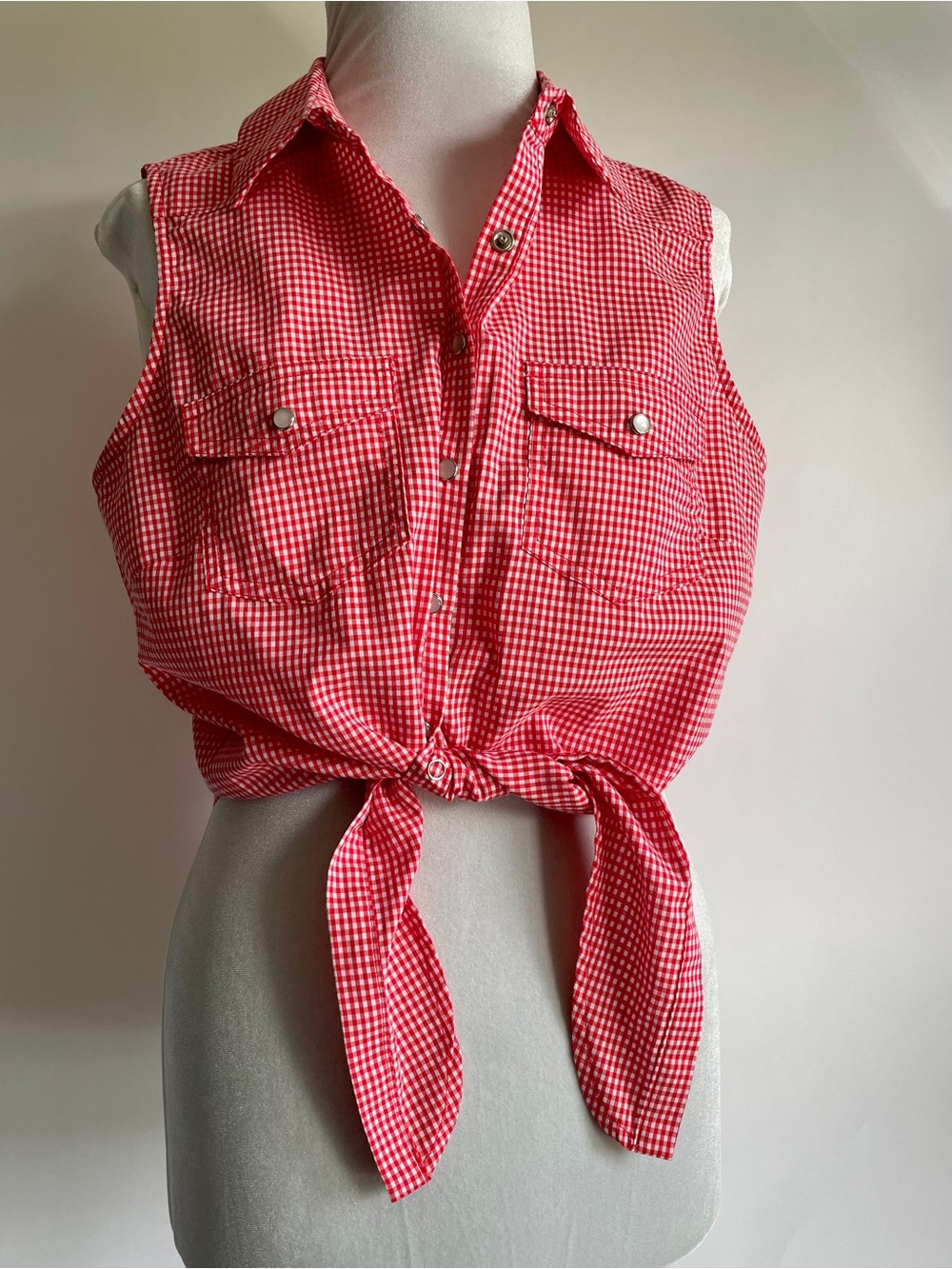 Rodeo Cowgirl Red White Gingham Tie Front Sleeveless Western Shirt Top Medium